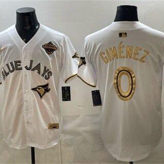 Men's Toronto Blue Jays #0 Andres Gimenez White Gold 2025 American League Champions Limited Stitched Baseball Jersey