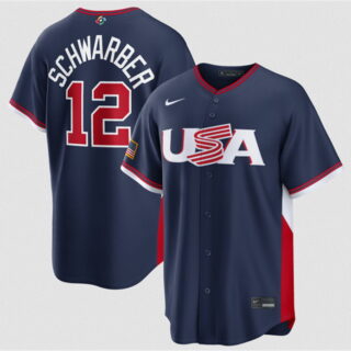 Men's USA Baseball #12 Kyle Schwarber Navy 2026 World Baseball Classic Road Stadium Stitched Jersey