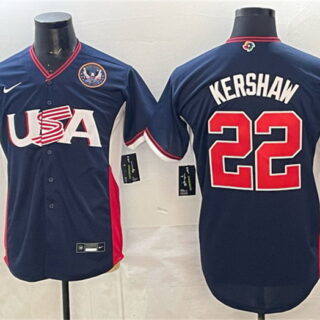Men's USA Baseball #22 Clayton Kershaw Navy 2026 World Baseball Classic United States 250th Anniversary Patch Road Stadium Stitched Jersey