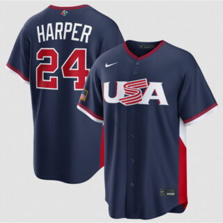 Men's USA Baseball #24 Bryce Harper Navy 2026 World Baseball Classic Road Stadium Stitched Jersey