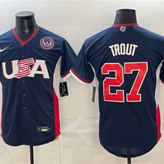 Men's USA Baseball #27 Mike Trout Navy 2026 World Baseball Classic United States 250th Anniversary Patch Road Stadium Stitched Jersey