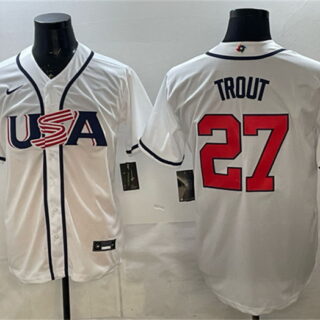 Men's USA Baseball #27 Mike Trout White 2026 World Baseball Classic Home Stadium Stitched Jersey