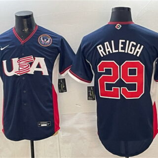 Men's USA Baseball #29 Cal Raleigh Navy 2026 World Baseball Classic United States 250th Anniversary Patch Road Stadium Stitched Jersey