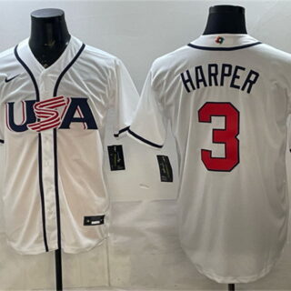 Men's USA Baseball #3 Bryce Harper White 2026 World Baseball Classic Home Stadium Stitched Jersey