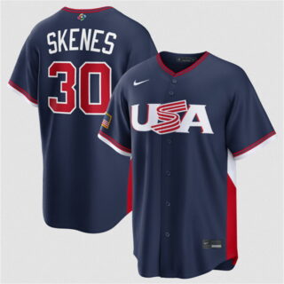 Men's USA Baseball #30 Paul Skenes Navy 2026 World Baseball Classic Road Stadium Stitched Jersey