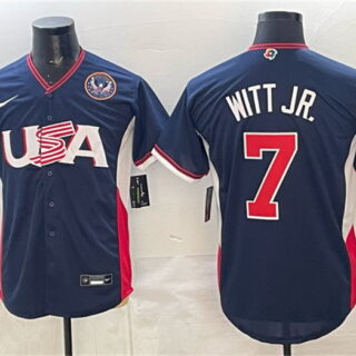 Men's USA Baseball #7 Bobby Witt Jr. Navy 2026 World Baseball Classic United States 250th Anniversary Patch Road Stadium Stitched Jersey