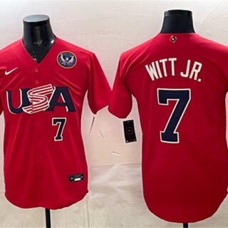 Men's USA Baseball #7 Bobby Witt Jr. Red 2026 World Baseball Classic United States 250th Anniversary Patch Stadium Stitched Jersey