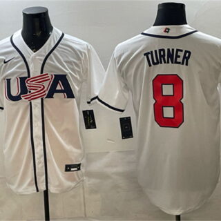 Men's USA Baseball #8 Trea Turner White 2026 World Baseball Classic Home Stadium Stitched Jersey