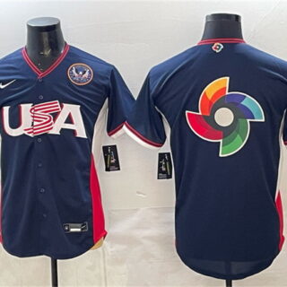 Men's USA Baseball Team Big Logo Navy 2026 World Baseball Classic United States 250th Anniversary Patch Road Stadium Stitched Jersey