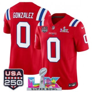 Men's New England Patriots #0 Christian Gonzalez Red 2025 F.U.S.E. Super Bowl LX And USA 250 Vapor Limited Football Stitched Jersey