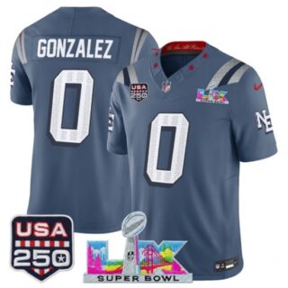Men's New England Patriots #0 Christian Gonzalez Storm Blue 2025 F.U.S.E. Super Bowl LX and USA 250 Rivalries Vapor Limited Football Stitched Jersey