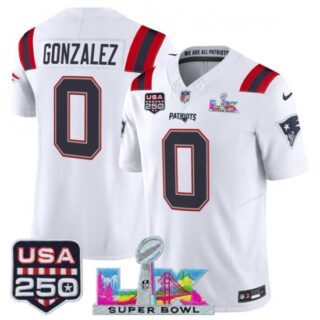 Men's New England Patriots #0 Christian Gonzalez White 2025 F.U.S.E. Super Bowl LX And USA 250 Vapor Limited Football Stitched Jersey