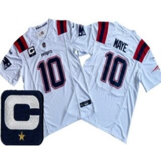 Men's New England Patriots #10 Drake Maye Limited White Captain FUSE Vapor Jersey