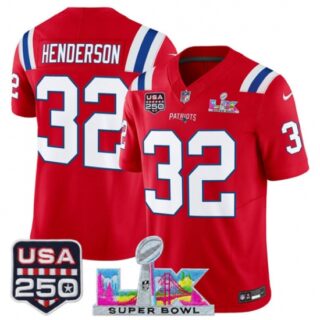 Men's New England Patriots #32 TreVeyon Henderson Red 2025 F.U.S.E. Super Bowl LX And USA 250 Vapor Limited Football Stitched Jersey