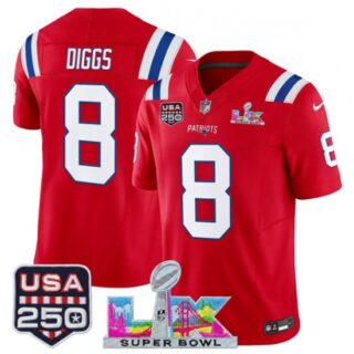Men's New England Patriots #8 Stefon Diggs Red 2025 F.U.S.E. Super Bowl LX And USA 250 Vapor Limited Football Stitched Jersey