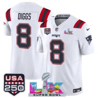 Men's New England Patriots #8 Stefon Diggs White 2025 F.U.S.E. Super Bowl LX And USA 250 Vapor Limited Football Stitched Jersey