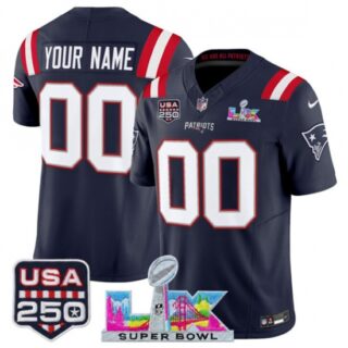 Men's New England Patriots Active Player Custom Navy 2025 F.U.S.E. Super Bowl LX and USA 250 Patch Vapor Limited Football Stitched Jersey