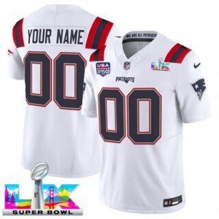 Men's New England Patriots Active Player Custom White 2025 F.U.S.E. Super Bowl LX and USA 250 Patch Vapor Limited Football Stitched Jersey