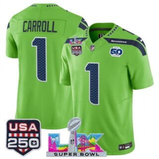 Men's Seattle Seahawks #1 Pete Carroll Green 2025 F.U.S.E. Super Bowl LX And 50th Season and USA 250 Vapor Limited Football Stitched Jersey