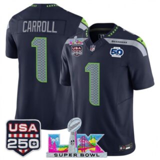 Men's Seattle Seahawks #1 Pete Carroll Navy 2025 F.U.S.E. Super Bowl LX And 50th Season and USA 250 Vapor Limited Football Stitched Jersey