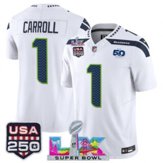 Men's Seattle Seahawks #1 Pete Carroll White 2025 F.U.S.E. Super Bowl LX And 50th Season and USA 250 Vapor Limited Football Stitched Jersey