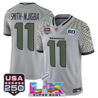 Men's Seattle Seahawks #11 Jaxon Smith-Njigba Gray 2025 F.U.S.E. Super Bowl LX and US 250th anniversary And 50th Season Rivalries Vapor Limited Football St