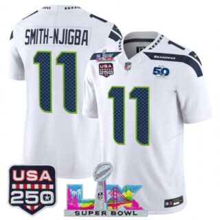 Men's Seattle Seahawks #11 Jaxon Smith-Njigba White 2025 F.U.S.E. Super Bowl LX And 50th Season and USA 250 Vapor Limited Football Stitched Jersey