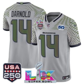 Men's Seattle Seahawks #14 Sam Darnold Gray 2025 F.U.S.E. Super Bowl LX and US 250th anniversary And 50th Season Rivalries Vapor Limited Football Stitched J