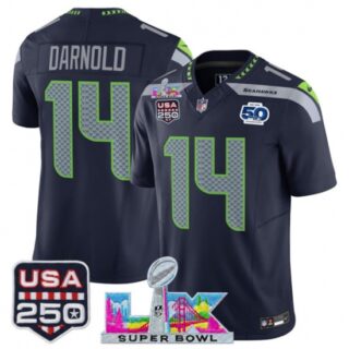 Men's Seattle Seahawks #14 Sam Darnold Navy 2025 F.U.S.E. Super Bowl LX And 50th Season and USA 250 Vapor Throwback Limited Football Stitched Jersey