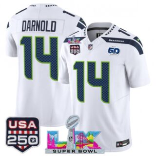 Men's Seattle Seahawks #14 Sam Darnold White 2025 F.U.S.E. Super Bowl LX And 50th Season and USA 250 Vapor Limited Football Stitched Jersey