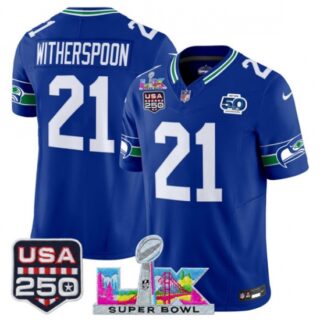 Men's Seattle Seahawks #21 Devon Witherspoon Royal 2025 F.U.S.E. Super Bowl LX And 50th Season and USA 250 Vapor Throwback Limited Football Stitched Jersey