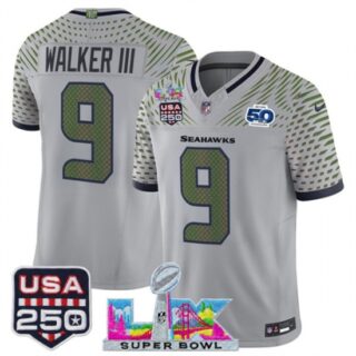 Men's Seattle Seahawks #9 Kenneth Walker III Gray 2025 F.U.S.E. Super Bowl LX and US 250th anniversary And 50th Season Rivalries Vapor Limited Football Stit