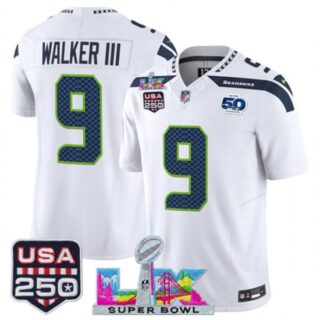 Men's Seattle Seahawks #9 Kenneth Walker III White 2025 F.U.S.E. Super Bowl LX And 50th Season and USA 250 Vapor Limited Football Stitched Jersey