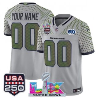 Men's Seattle Seahawks Active Player Custom Gray 2025 F.U.S.E. Super Bowl LX and US 250th anniversary And 50th Season Rivalries Vapor Limited Football Stitc