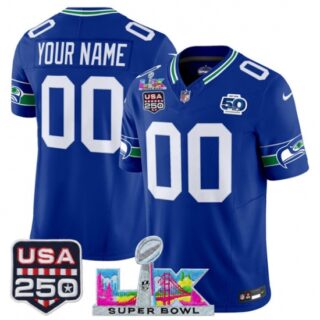 Men's Seattle Seahawks Active Player Custom Royal 2025 F.U.S.E. Super Bowl LX and US 250th anniversary Patch And 50th Season Patch Vapor Throwback Limited Fo