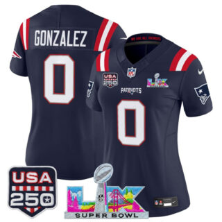 Women's New England Patriots #0 Christian Gonzalez Navy 2025 F.U.S.E. Super Bowl LX Patch And USA 250' Patch Vapor Limited Football Stitched Jersey(Run Small)