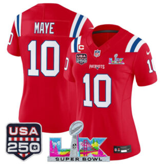 Women's New England Patriots #10 Drake Maye Red 2025 F.U.S.E. 1-Star C Patch And Super Bowl LX Patch & USA 250' Patch Vapor Limited Football Stitched Jersey(Run Small)