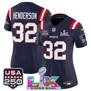 Women's New England Patriots #32 TreVeyon Henderson Navy 2025 F.U.S.E. Super Bowl LX Patch And USA 250' Patch Vapor Limited Football Stitched Jersey(Run Small)