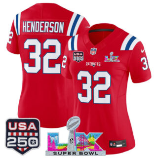 Women's New England Patriots #32 TreVeyon Henderson Red 2025 F.U.S.E. Super Bowl LX Patch And USA 250' Patch Vapor Limited Football Stitched Jersey(Run Small)