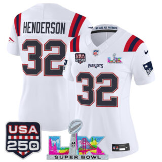 Women's New England Patriots #32 TreVeyon Henderson White 2025 F.U.S.E. Super Bowl LX Patch And USA 250' Patch Vapor Limited Football Stitched Jersey(Run Small)
