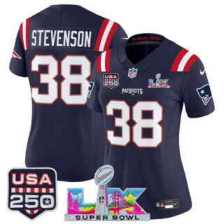 Women's New England Patriots #38 Rhamondre Stevenson Navy 2025 F.U.S.E. Super Bowl LX Patch And USA 250' Patch Vapor Limited Football Stitched Jersey(Run Small)