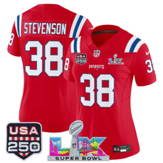 Women's New England Patriots #38 Rhamondre Stevenson Red 2025 F.U.S.E. Super Bowl LX Patch And USA 250' Patch Vapor Limited Football Stitched Jersey(Run Small)