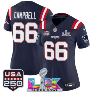Women's New England Patriots #66 Will Campbell Navy 2025 F.U.S.E. Super Bowl LX Patch And USA 250' Patch Vapor Limited Football Stitched Jersey(Run Small)