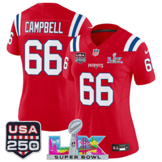 Women's New England Patriots #66 Will Campbell Red 2025 F.U.S.E. Super Bowl LX Patch And USA 250' Patch Vapor Limited Football Stitched Jersey(Run Small)