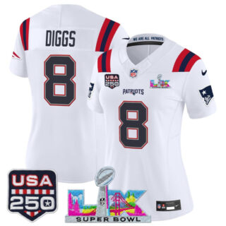 Women's New England Patriots #8 Stefon Diggs White 2025 F.U.S.E. Super Bowl LX Patch And USA 250' Patch Vapor Limited Football Stitched Jersey(Run Small)