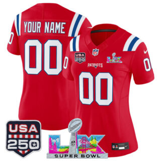 Women's New England Patriots Active Player Custom Red 2025 F.U.S.E. Super Bowl LX Patch And USA 250' Patch Vapor Limited Football Stitched Jersey(Run Small)
