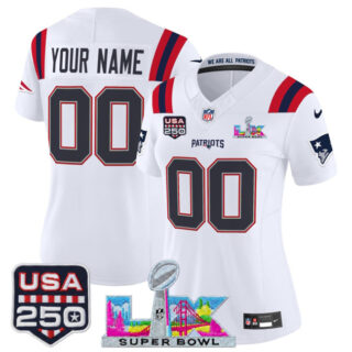 Women's New England Patriots Active Player Custom White 2025 F.U.S.E. Super Bowl LX Patch And USA 250' Patch Vapor Limited Football Stitched Jersey(Run Small)