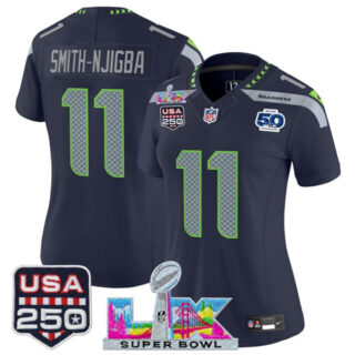 Women's Seattle Seahawks #11 Jaxon Smith-Njigba Navy 2025 F.U.S.E. Super Bowl LX Patch And 50th Season & USA 250' Patch Vapor Limited Football Stitched Jersey(Run Small)