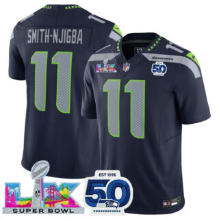 Women's Seattle Seahawks #11 Jaxon Smith-Njigba Navy 2025 F.U.S.E. Super Bowl LX Patch And 50th Season Patch Vapor Limited Stitched Football Jersey(Run Small)