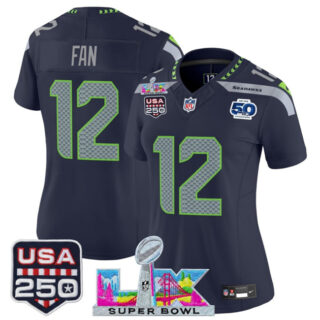 Women's Seattle Seahawks #12 Fan Navy 2025 F.U.S.E. Super Bowl LX Patch And 50th Season & USA 250' Patch Vapor Limited Football Stitched Jersey(Run Small)